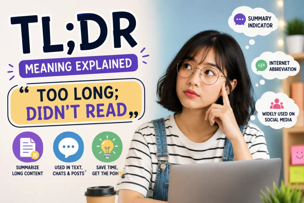TL;DR meaning infographic featuring a thoughtful young woman with the keyword TL;DR and its meaning "Too Long; Didn't Read," alongside icons representing summaries, texting, social media, and quick information.