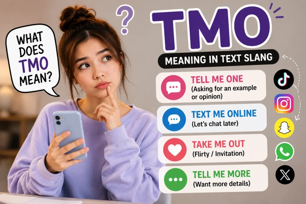 Young woman looking at a smartphone with “TMO” displayed in a chat bubble, surrounded by visual keywords representing common TMO meanings such as “Tell Me One,” “Tell Me More,” and “Take Me Out,” illustrating TMO meaning in text slang and social media conversations.