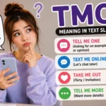 Young woman looking at a smartphone with “TMO” displayed in a chat bubble, surrounded by visual keywords representing common TMO meanings such as “Tell Me One,” “Tell Me More,” and “Take Me Out,” illustrating TMO meaning in text slang and social media conversations.