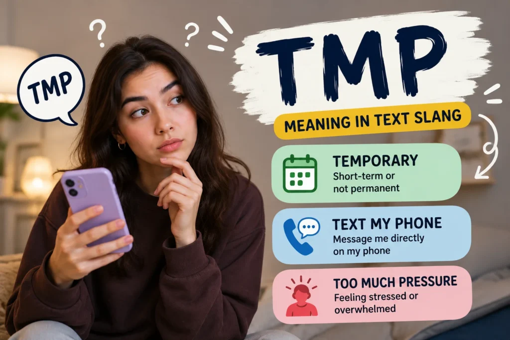 Illustration explaining TMP meaning in text slang, featuring a young man looking at smartphone messages with TMP meanings including Temporary, Text My Phone, and Too Much Pressure displayed in colorful chat bubbles and modern social media-style graphics.