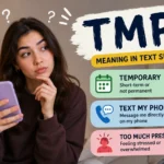 Illustration explaining TMP meaning in text slang, featuring a young man looking at smartphone messages with TMP meanings including Temporary, Text My Phone, and Too Much Pressure displayed in colorful chat bubbles and modern social media-style graphics.