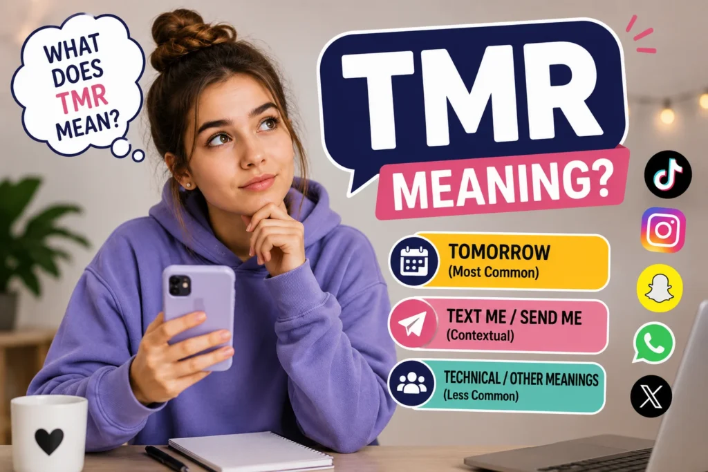 Young man checking a smartphone with the text abbreviation "TMR" displayed, alongside visual clues representing "tomorrow" and texting slang meanings, illustrating the TMR meaning in text messages, social media, and online chats.
