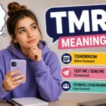 Young man checking a smartphone with the text abbreviation "TMR" displayed, alongside visual clues representing "tomorrow" and texting slang meanings, illustrating the TMR meaning in text messages, social media, and online chats.