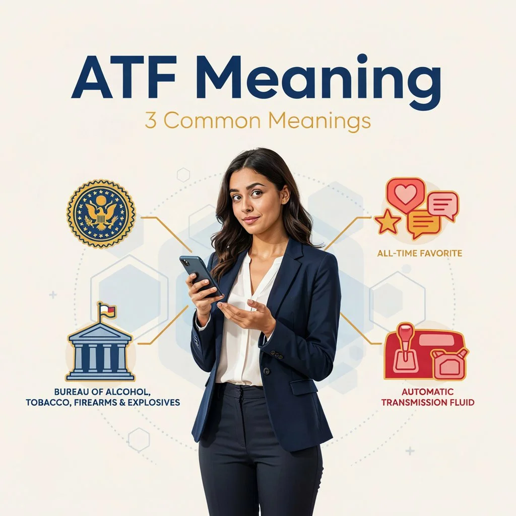 Featured image explaining the meaning of ATF, showing a professional young woman holding a smartphone surrounded by icons representing the three common meanings of ATF: Bureau of Alcohol, Tobacco, Firearms and Explosives (government agency), Automatic Transmission Fluid (automotive term), and All-Time Favorite (social media abbreviation). The design highlights ATF's multiple definitions in news, cars, texting, and online conversations.