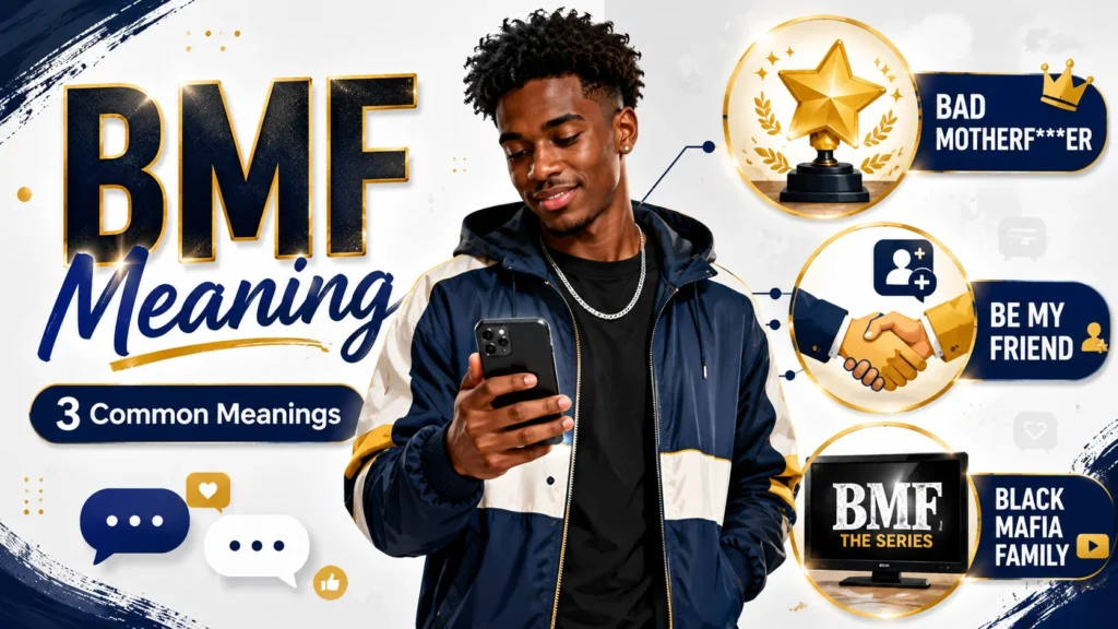 Featured image for "What Does BMF Mean?" showing a confident young man in a stylish jacket checking his phone, surrounded by icons representing the three common meanings of BMF: a gold trophy and star for achievement and respect, a handshake for friendship, and a TV screen for the BMF television series.