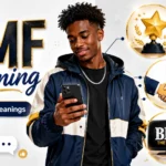 Featured image for "What Does BMF Mean?" showing a confident young man in a stylish jacket checking his phone, surrounded by icons representing the three common meanings of BMF: a gold trophy and star for achievement and respect, a handshake for friendship, and a TV screen for the BMF television series.