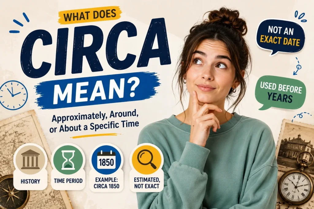 Featured image explaining the meaning of “circa,” showing a thoughtful young woman beside historical clocks, vintage photos, and timeline icons. The graphic highlights that circa means approximately or around a specific time period, often used before years and dates when the exact date is unknown.