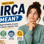 Featured image explaining the meaning of “circa,” showing a thoughtful young woman beside historical clocks, vintage photos, and timeline icons. The graphic highlights that circa means approximately or around a specific time period, often used before years and dates when the exact date is unknown.