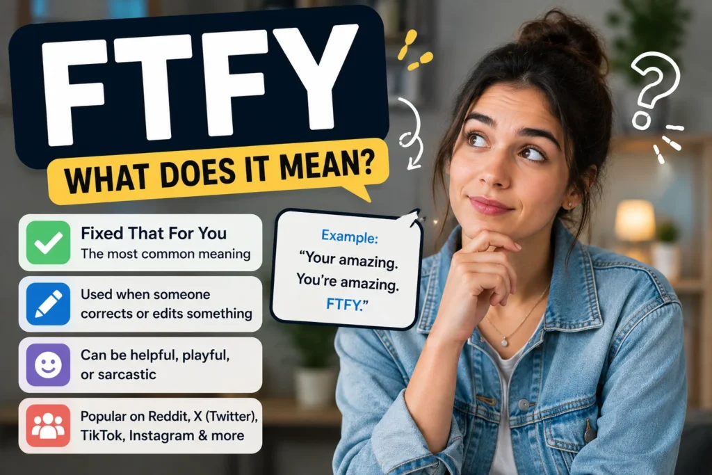 Featured image illustrating the FTFY meaning with a smiling young man pointing at a corrected message beside the keyword "FTFY" and its meaning "Fixed That For You" in a clean, modern internet slang design.