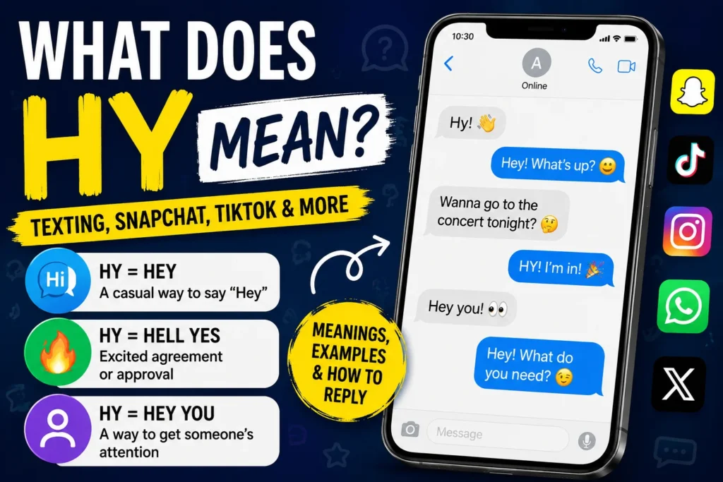 "What does HY mean? Featured image explaining HY meaning in text messages, Snapchat, TikTok, Instagram, and WhatsApp, including Hey, Hell Yes, and Hey You with real chat examples."