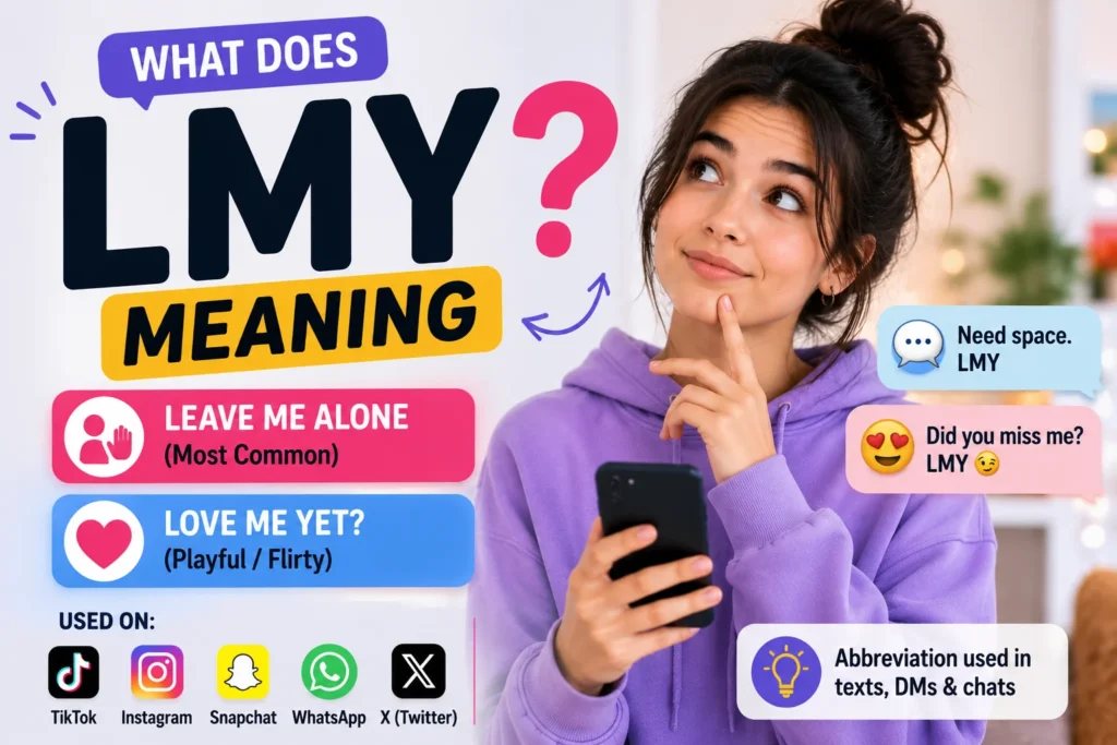 LMY meaning featured image showing a cheerful young woman using a smartphone with chat bubbles and social media icons around her, illustrating the common meanings of LMY such as “Love Miss You” and texting slang used in online conversations and messaging apps.