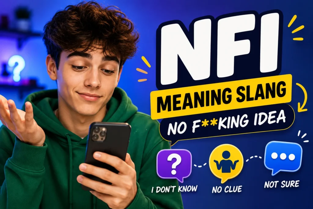 NFI meaning slang featured image showing a surprised young man looking at phone messages, with NFI highlighted alongside its common meanings “No Freaking Idea” and “No F**ing Idea,” representing confusion, texting slang, and social media communication.*