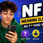 NFI meaning slang featured image showing a surprised young man looking at phone messages, with NFI highlighted alongside its common meanings “No Freaking Idea” and “No F**ing Idea,” representing confusion, texting slang, and social media communication.*