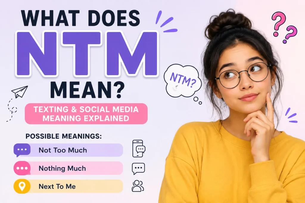Featured illustration explaining "What Does NTM Mean?" with a thoughtful young woman holding a smartphone and highlighting the common meanings: "Not Too Much," "Nothing Much," and "Next To Me" for texting and social media conversations.