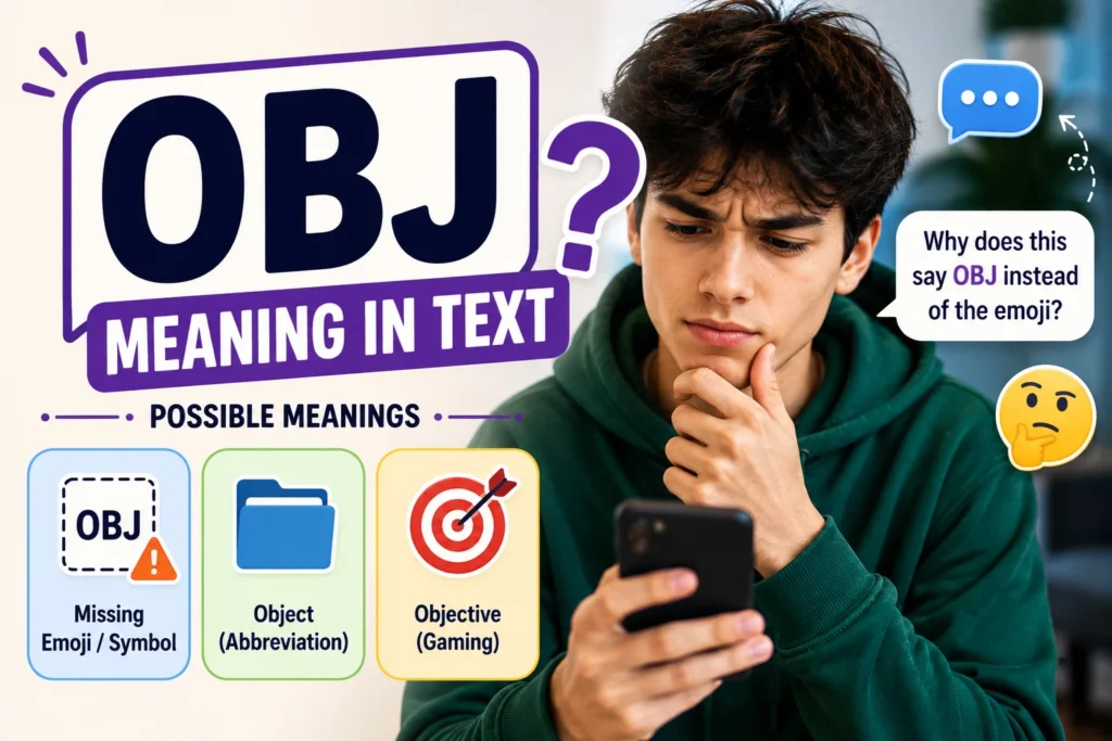 OBJ meaning slang explained in text messages, featuring a confused young man looking at his phone with visual clues showing possible meanings of OBJ, including missing emoji placeholder, object abbreviation, and gaming objective symbol.