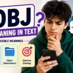 OBJ meaning slang explained in text messages, featuring a confused young man looking at his phone with visual clues showing possible meanings of OBJ, including missing emoji placeholder, object abbreviation, and gaming objective symbol.