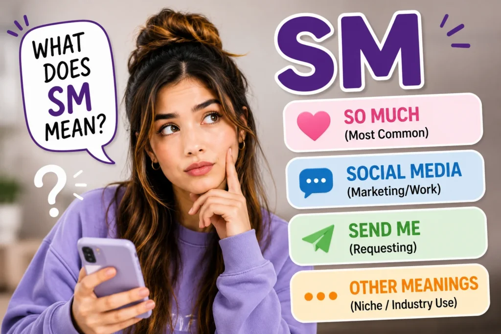 Illustration explaining what SM means in texting and social media, featuring a stylish young woman checking messages on her smartphone with speech bubbles showing “SM,” “So Much,” “Social Media,” and “Send Me,” alongside modern chat icons and colorful digital communication elements.