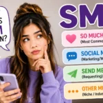 Illustration explaining what SM means in texting and social media, featuring a stylish young woman checking messages on her smartphone with speech bubbles showing “SM,” “So Much,” “Social Media,” and “Send Me,” alongside modern chat icons and colorful digital communication elements.