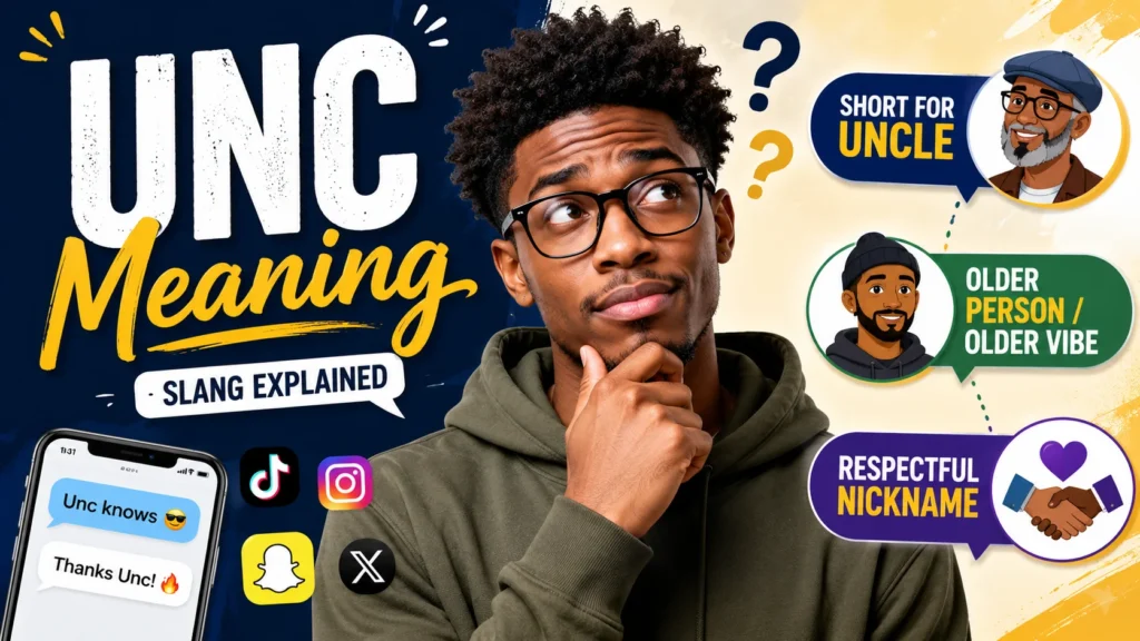 Featured image for “What Does UNC Mean Slang?” showing a friendly middle-aged man in casual clothing holding a smartphone while smiling confidently. Around him are social media icons, chat bubbles, and visual symbols representing the slang term “UNC,” including a mentor figure, friendship elements, and humorous age-related references.