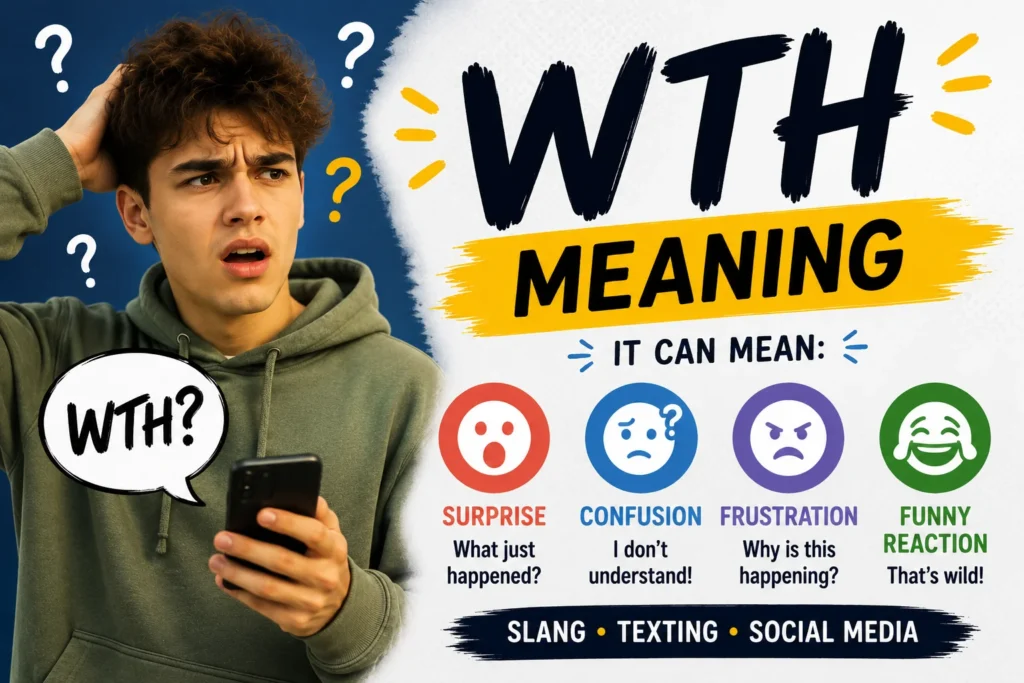 "Featured image illustrating the meaning of WTH (What the Hell?) with a confused young person looking at a smartphone and the keyword 'WTH Meaning' alongside common interpretations such as surprise, confusion, frustration, and humorous reaction."