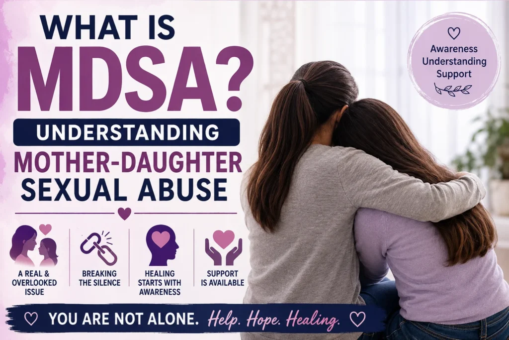 Illustration explaining MDSA (Mother-Daughter Sexual Abuse) awareness, featuring a concerned teenage girl and a supportive female counselor with protective symbols, educational icons, and a safe, informative design focused on understanding, prevention, and survivor support.