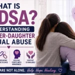 Illustration explaining MDSA (Mother-Daughter Sexual Abuse) awareness, featuring a concerned teenage girl and a supportive female counselor with protective symbols, educational icons, and a safe, informative design focused on understanding, prevention, and survivor support.