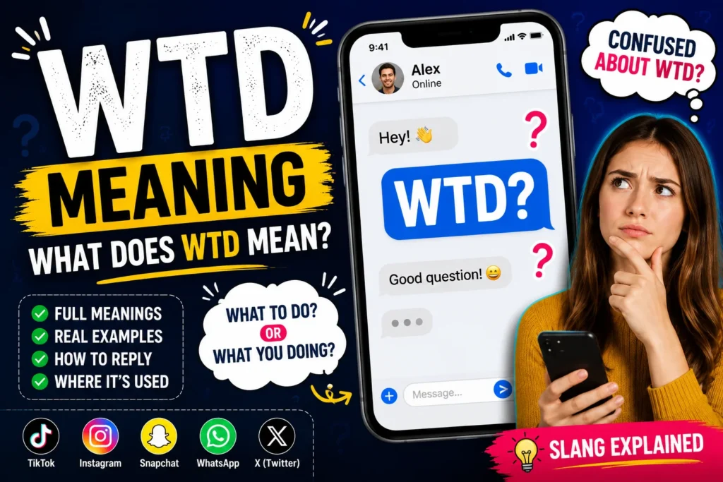 Featured image explaining WTD meaning in text messages, showing a confused young woman looking at a smartphone with a WTD message on screen, question marks, and visual hints for "What To Do?" and "What You Doing?" commonly used in texting, Snapchat, TikTok, WhatsApp, and online chats.