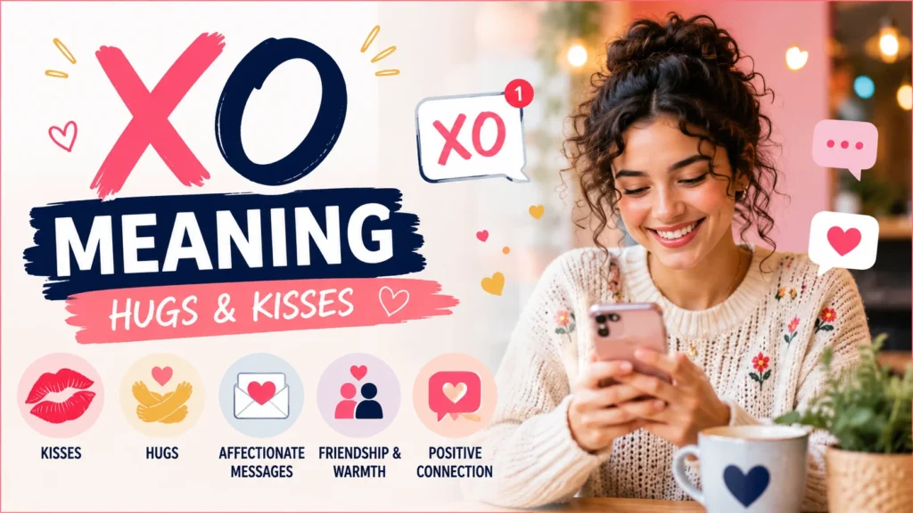 Featured image for “XO Meaning” showing a cheerful young woman texting on her smartphone with heart and hug symbols around her. The design highlights the common meanings of XO—hugs and kisses—with friendly social messaging icons in a modern blue, pink, and white color scheme. Clean educational blog thumbnail with the text “XO Meaning” and visual representations of affection, friendship, and digital communication.